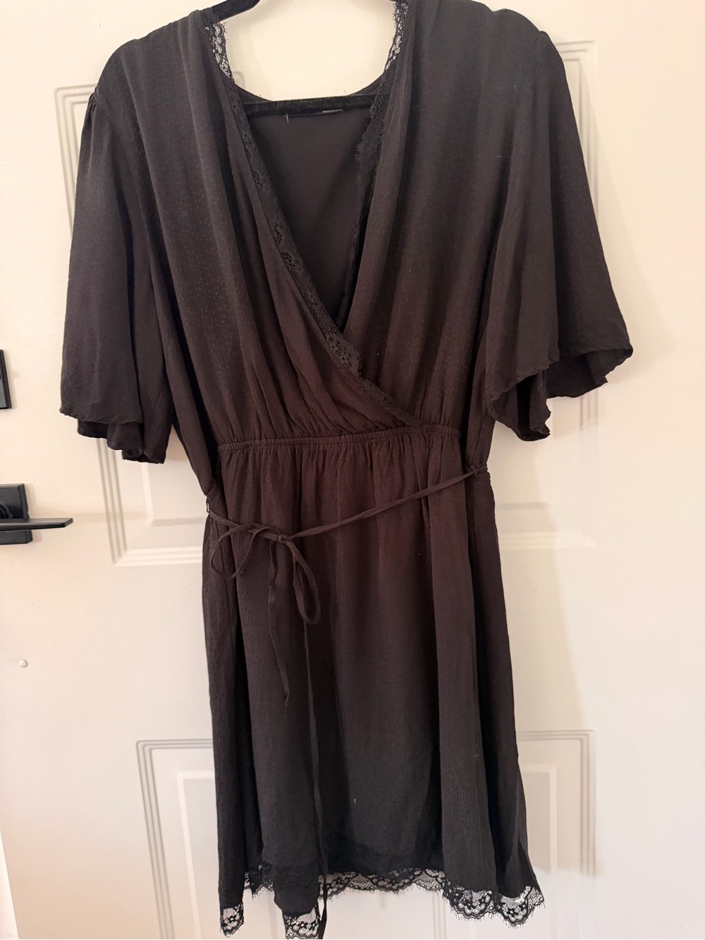 Black Tape_ Black Mini Wrap Dress with Lace Trim